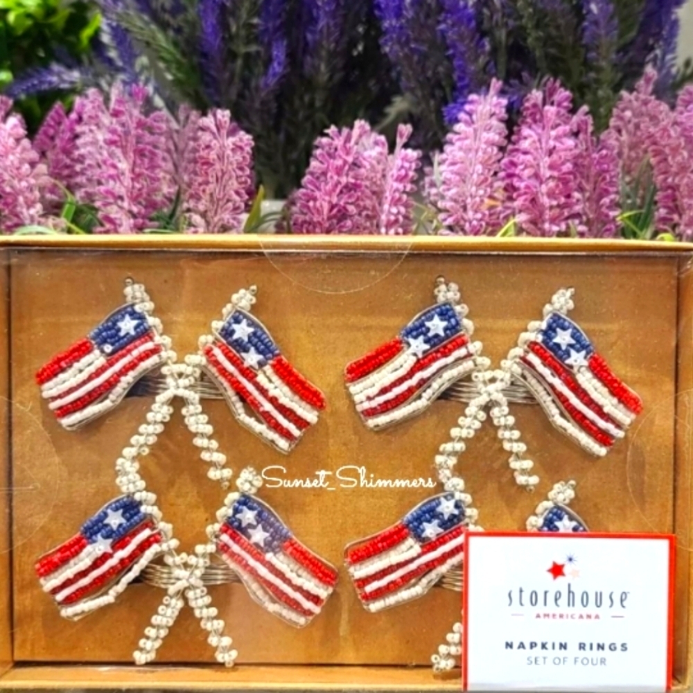 4 Patriotic Red White Blue American FLAG Beaded Napkin Rings Set Americana New